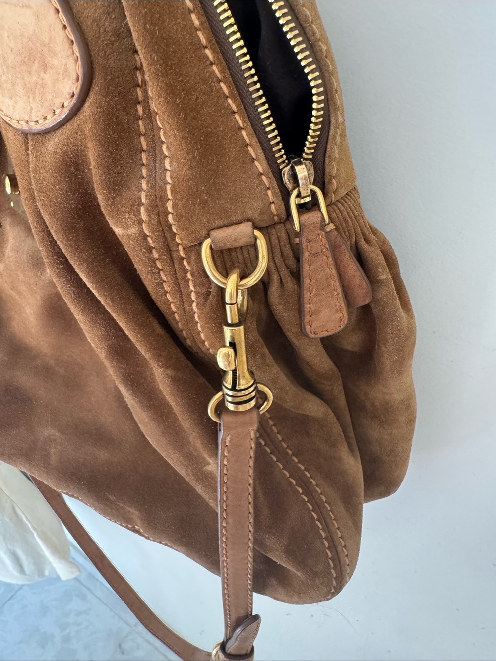 Miu Miu Brown Suede Shoulder Bag with Gold Hardware - Picture 6 of 14